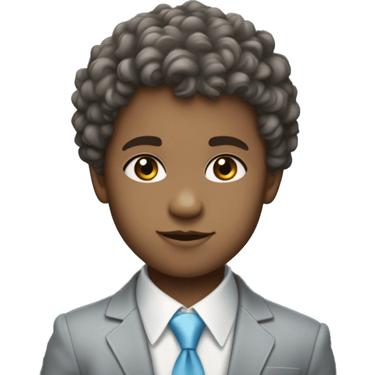 Little young  gentleman wearing a grey suit with white shirt and baby blue tie with bue grey eyes , light skin and brown curly hair  emoji