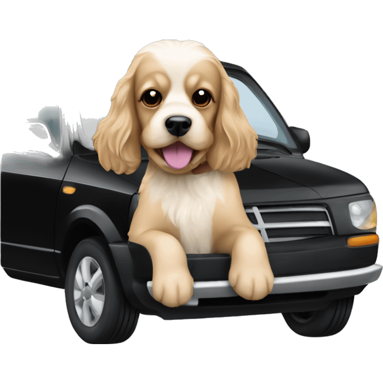 Light Cocker spaniel dog driving a Black Mazda 2 emoji