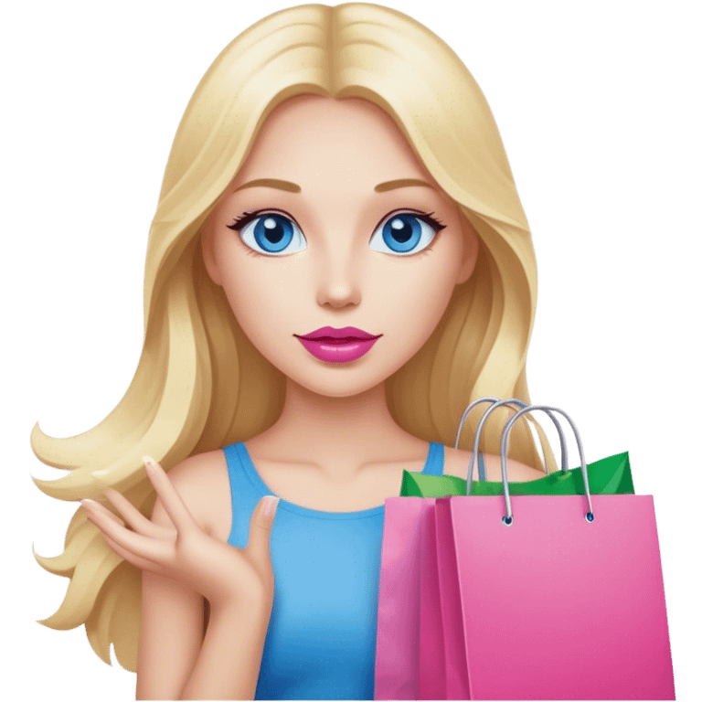 Cinematic realistic blonde with long hair, blue eyes and pink lips holds shopping bags in her hands emoji