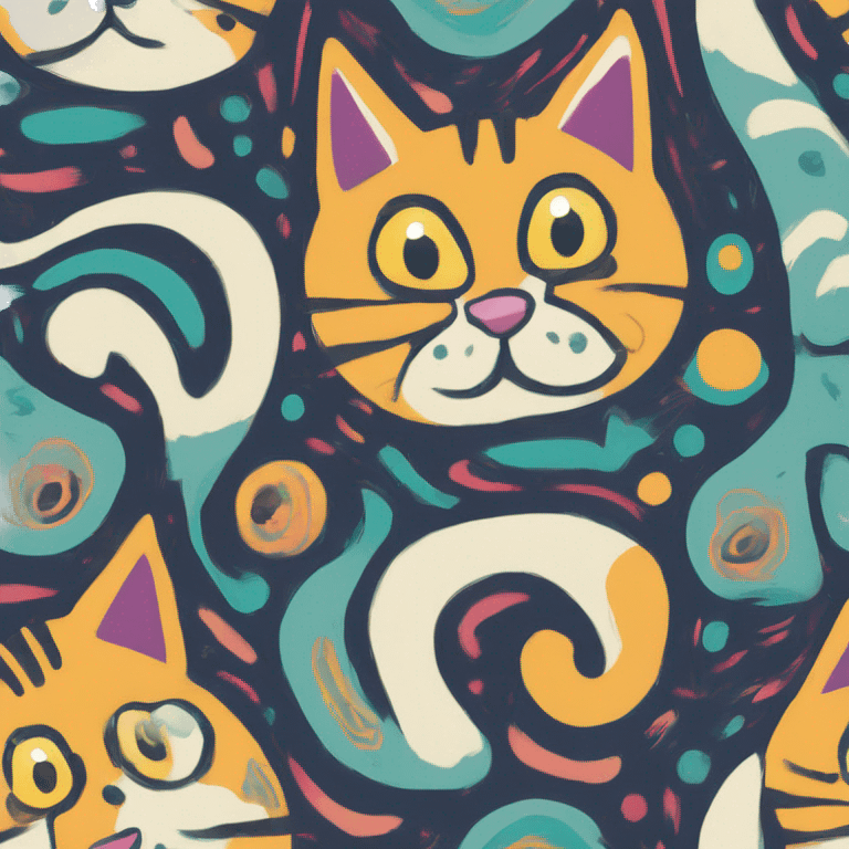 Abstract quirky funky cat made of different shapes and squiggles linocut multicoloured illustrations  emoji