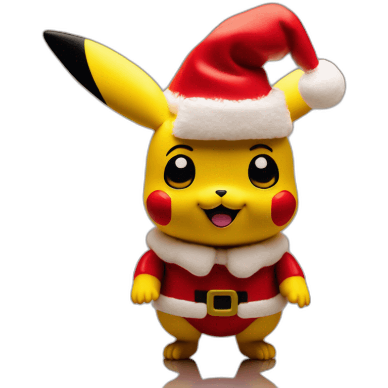 A cinematic 1960s film still of a BBC Christmas toy stop motion film starring Pikachu dressed as santa, shallow depth of field, 35mm, f 2.8, wide angle emoji