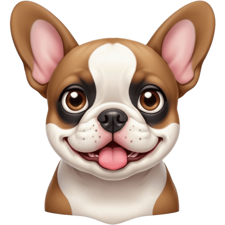 Cinematic Comical Pied French Bulldog Portrait Emoji, Head tilted with an exaggeratedly shocked, comical expression and wide, humorously expressive eyes, showcasing a distinctive pied fur of contrasting hues and a charmingly goofy face, simplified yet hilariously detailed, glowing with a sassy, playful radiance, high shine, exuding a mischievous and meme-worthy charm, styled with a soft glowing outline, capturing the essence of a Pied French Bulldog that looks ready to spark a viral laugh! emoji