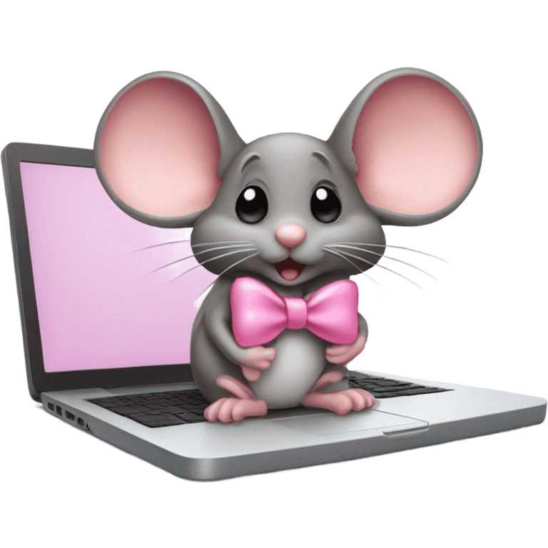 a mice with a pink bow working on a laptop emoji