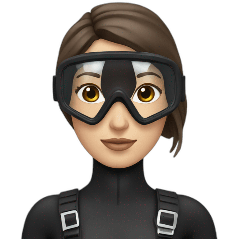 a woman with an a black scubadiver suit. she wear a pink diving mask, she had blue eyes inside the dive mask. brown long and straight hair emoji