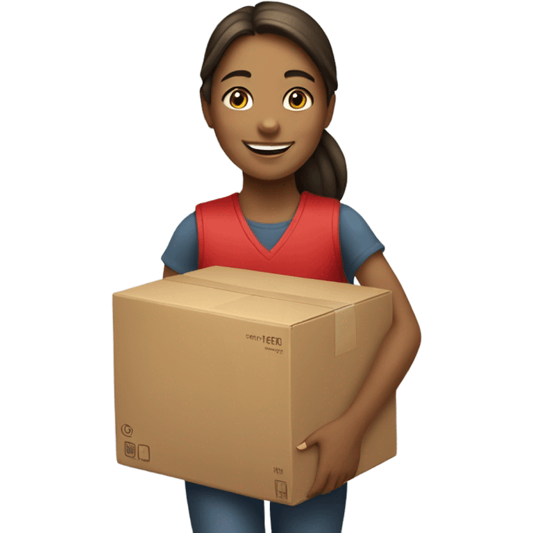 smiling girl wearing red vest takes box to car emoji