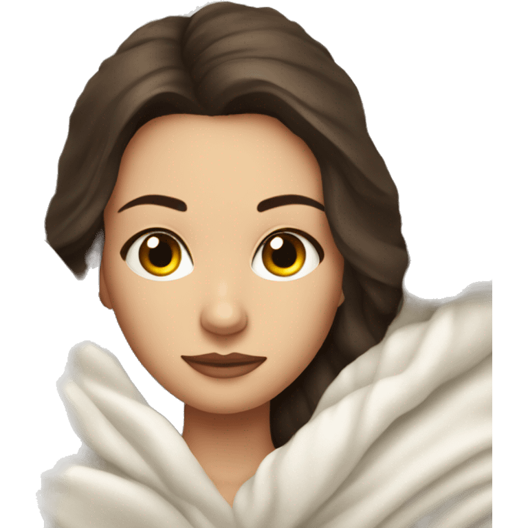 Brunette girl laying on couch wrapped in white knit blanket emoji