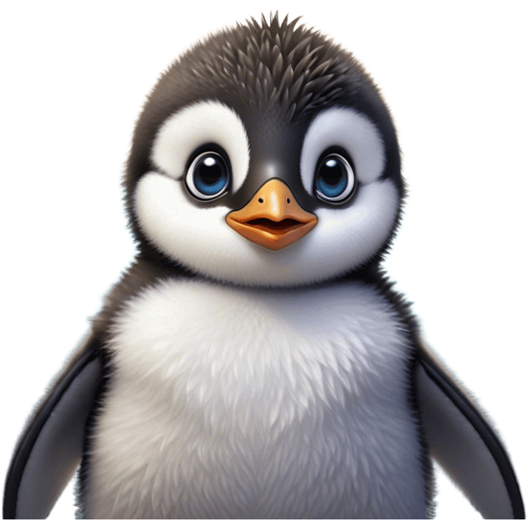 Cinematic Comical Baby Penguin Portrait Emoji, Head tilted dramatically with an exaggeratedly shocked expression, featuring delightfully fluffy plumage with wide, comically expressive eyes full of humorous disbelief, Simplified yet hilariously expressive features, highly detailed, glowing with a slightly sassy polar glow, high shine, dramatic yet playful, stylized with an air of cheeky innocence, soft glowing outline, capturing the essence of a meme-worthy baby penguin that seems ready to side-eye its way into viral fame! emoji