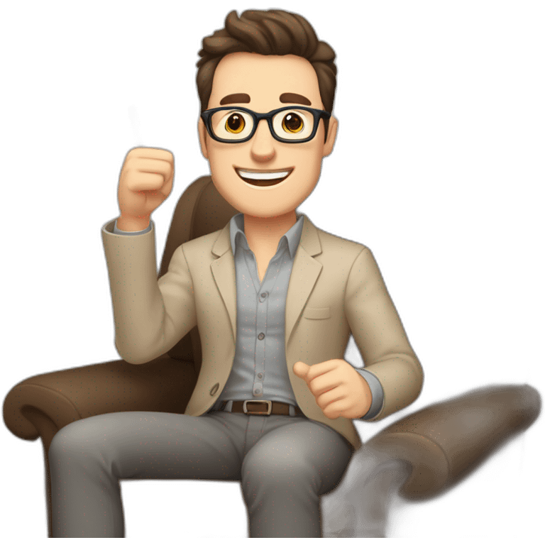 Joyful Celebrating victory Hands up Pale skinned Fit Man With dark brown hair in gray jacket, beige office shirt, Brown pants and vintage glasses sitting In a soft chair emoji