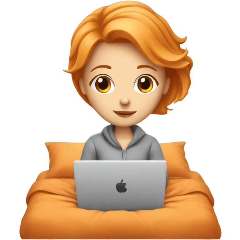 Orange haired white girl working on a laptop in a cozy bed emoji