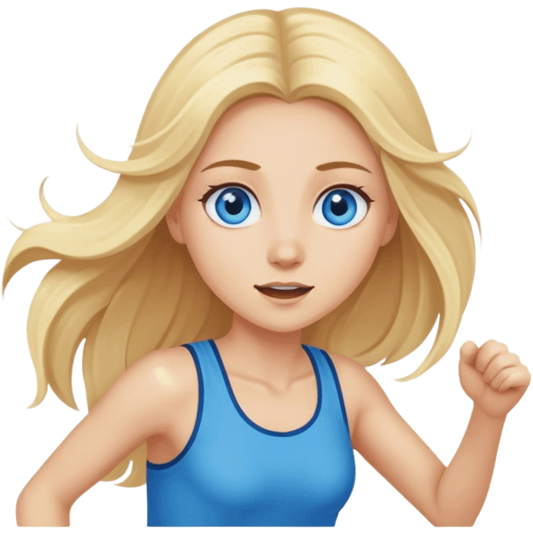 Cinematic realistic blonde with long hair and blue eyes, running emoji