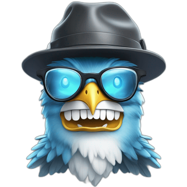 Crazy funny Cyberpunk Articuno head with human white teeth and beautiful smile wearing glasses and hat emoji