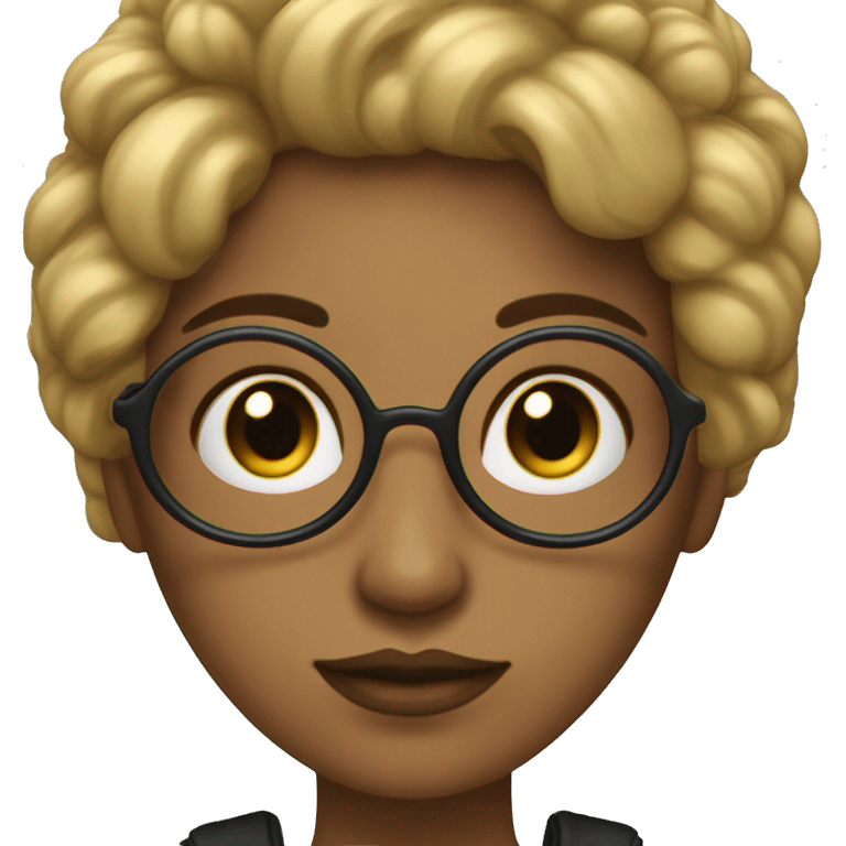 Crea un personaje mujer con lentes dorados y cabello negro con fleco y ojos azues emoji