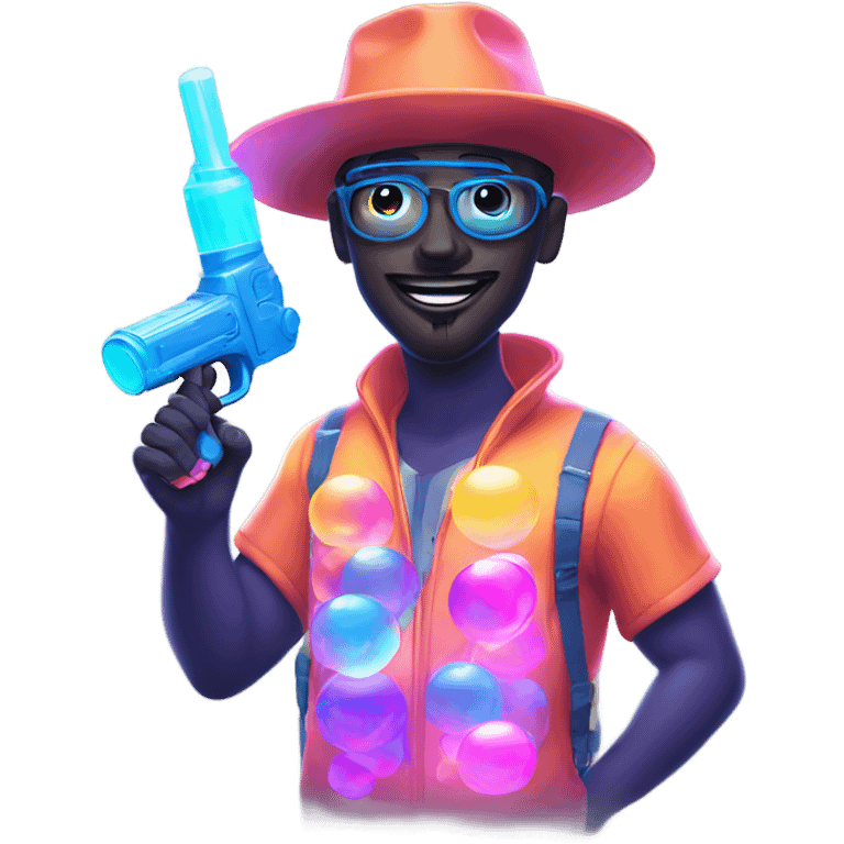 Guy in glowing outfit and hat with bubble guns in each hand emoji