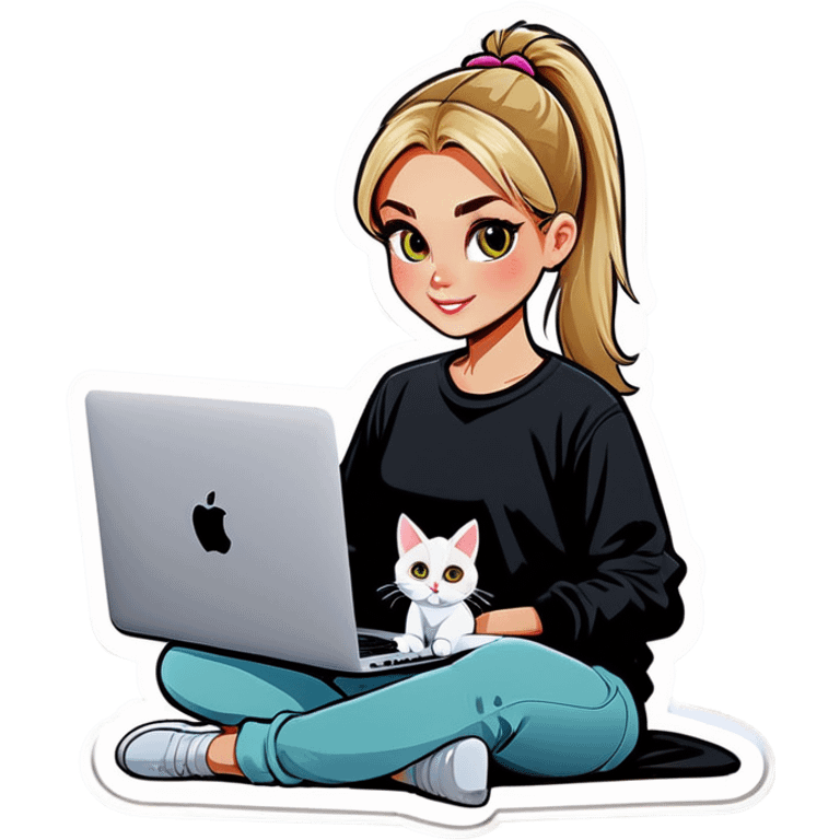 Blonde girl ponytail macBook and a cat emoji