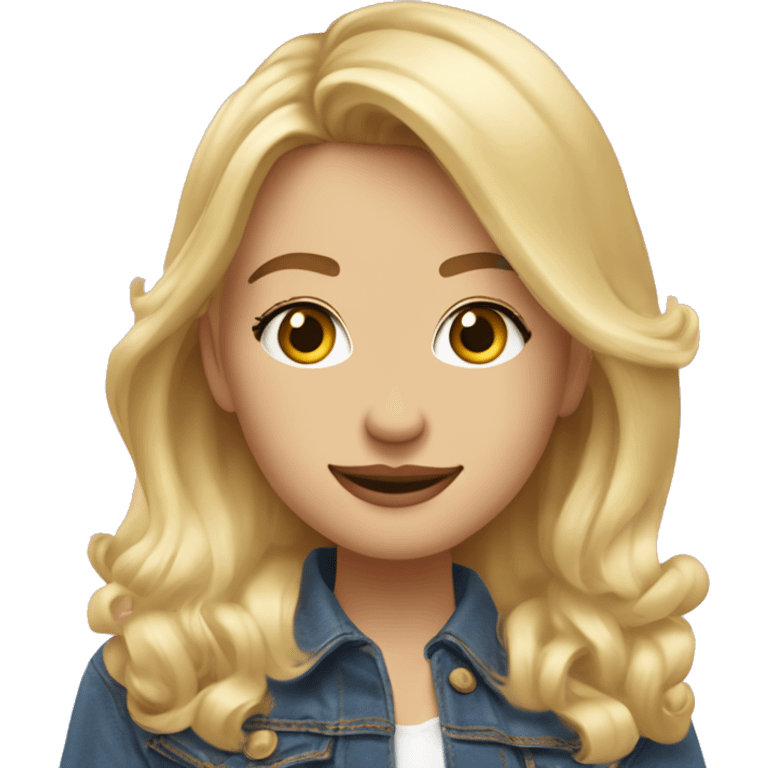 fille blonde, cheveux raides, yeux bleus, sourcils blonds, tête inclinée, lèvres roses, sourire, veste en jean emoji