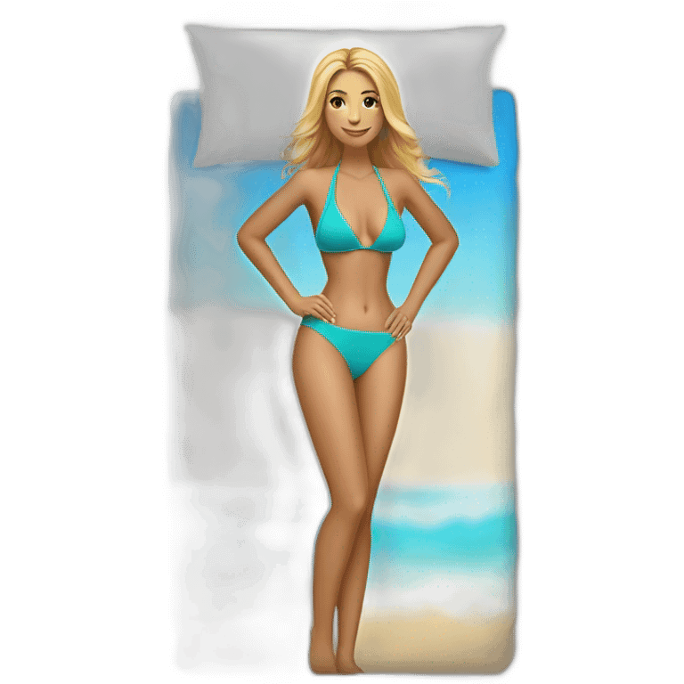 Slim-fit Caucasian woman bikini pose (beach body) bed emoji