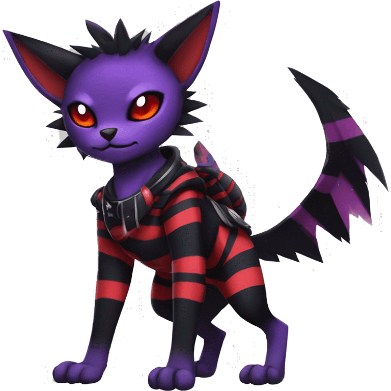 Black-Red-Purple Anthro Cool Punk Noibat-Litten-Fakemon-fursona with fangs and stripes Full Body emoji