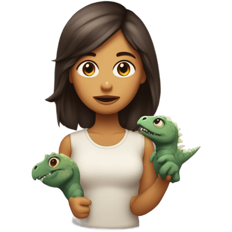 Chica,morena, pelo largo liso, tomando a un dinosaurio brbe emoji