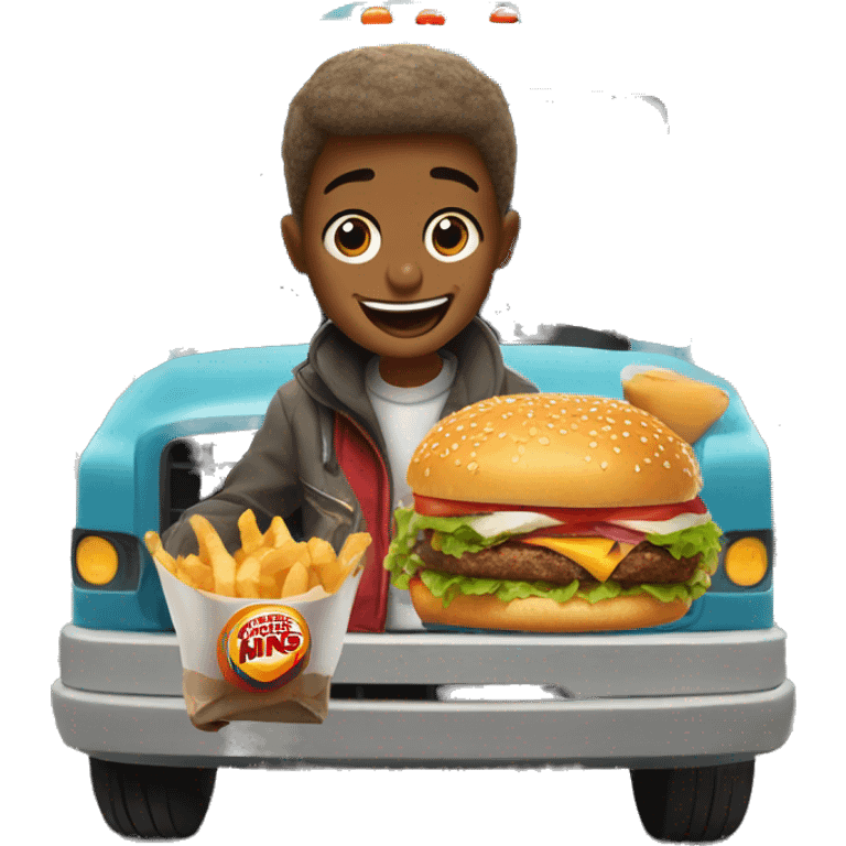 boy enjoying food with burger king crown on truck emoji