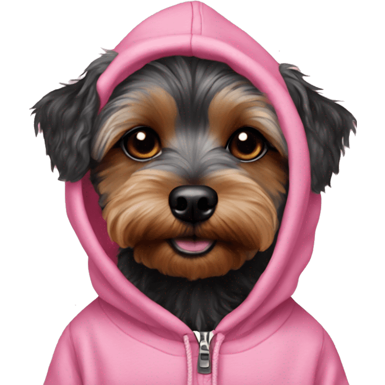 black blind in one eye yorkiepoo in pink hoodie  emoji