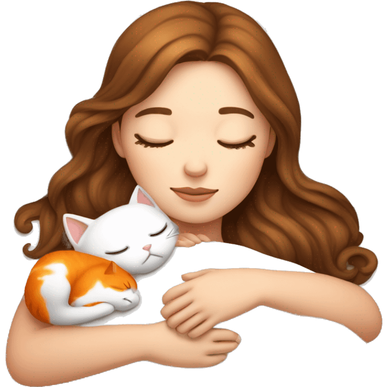 White girl brown hair sleeping with orange kitty emoji