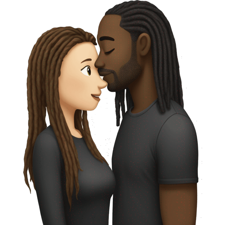 Fair skinned woman with brown straight hair kissing black man with dreads emoji