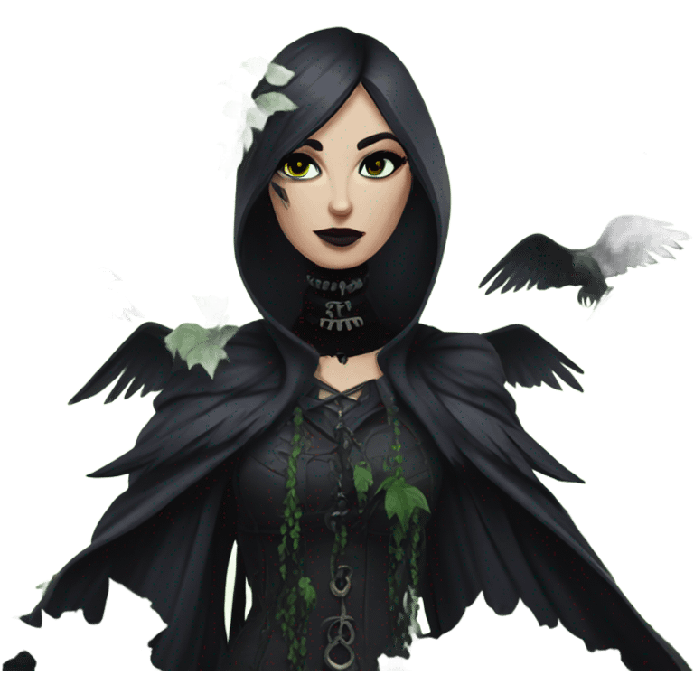 the morrigan goth woman version vines style furr robe stylish boots, perfect eyes, raven on hand, green vines decor on ground emoji