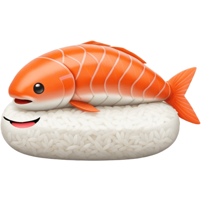 Cute Kawaii Nigiri Sushi, plump and happy, a soft white rice pillow topped with bright orange salmon, tiny blushing cheeks, big round eyes, a joyful floating expression! emoji