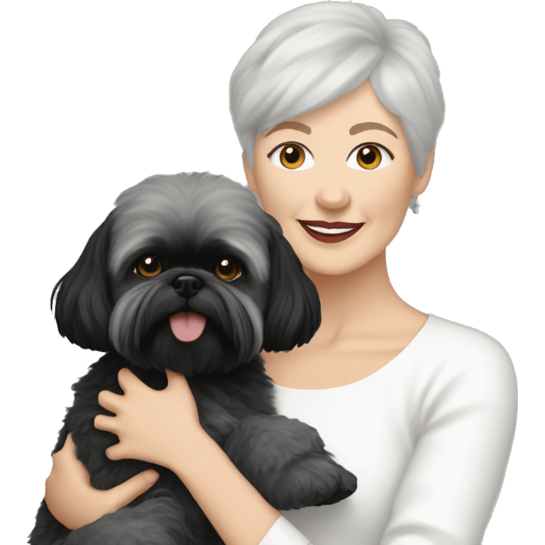 White women with short grey hair holding black shih tzu and white bichon frise dogs  emoji