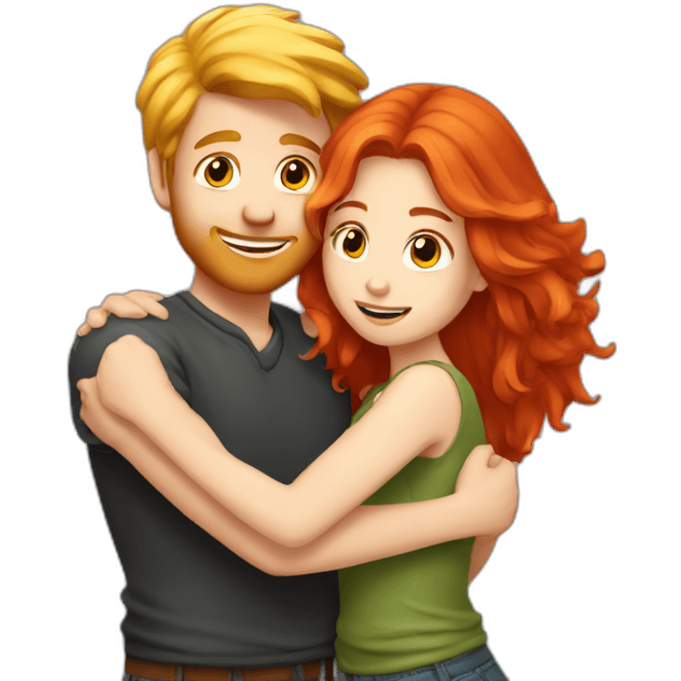 Red hair girl hugging blond guy emoji