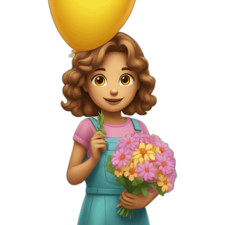 a beautiful little girl with a bouquet of flowers in her hands is standing near a big balloon emoji