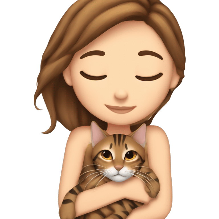 extremely light skin girl with brown hair sleeping with cute bengal cat emoji