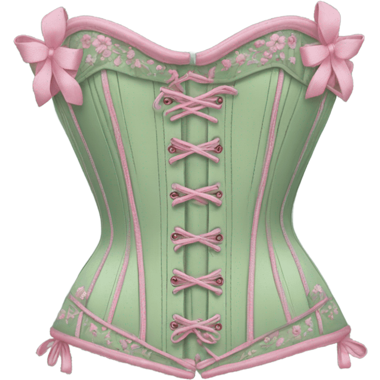 Sage green corset with flower embroidery and pink bows, isolated emoji