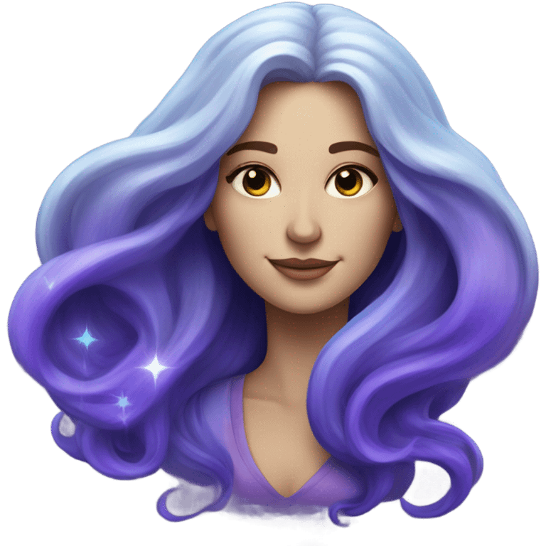 white woman with sparkling galaxy hair with moon and stars in purple and blue shades emoji