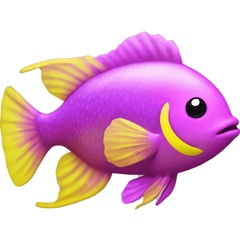 tiny fish with purpleish pink front face and half front of body, neon yellow back half and black dot on top fin emoji