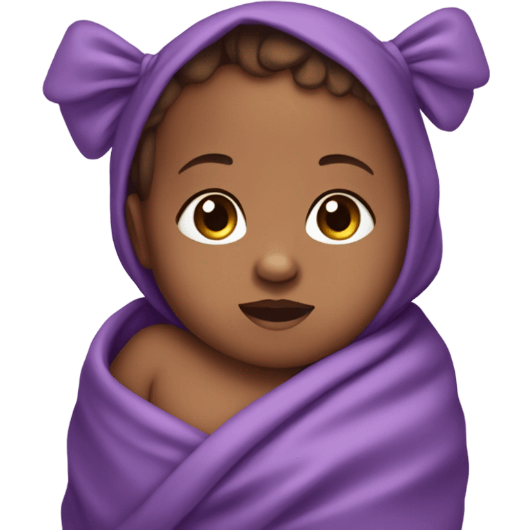 Brownskin baby in a purple swaddle with a matching bow on their head emoji