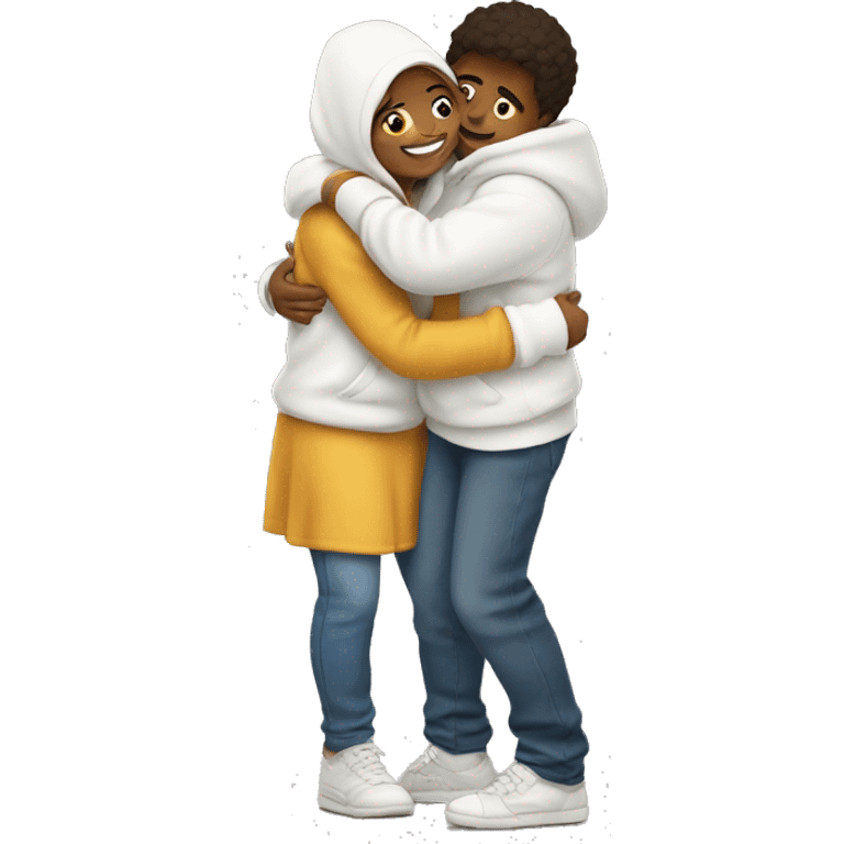 An emoji of a man wearing a white hoodie, standing next to his sister. He is hugging her warmly, showing a close sibling bond emoji