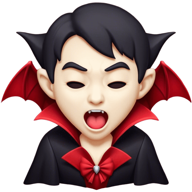 Cinematic Cute Yawning Vampire Portrait Emoji, with a small, rounded, charming pale face accented with tiny playful fangs and droopy, half-closed eyes, head tilted in an adorable wide yawn, dressed in miniature elegant dark attire with a hint of crimson, simplified yet irresistibly endearing, highly detailed with a soft, mysterious glow and gentle outline that captures the cute, drowsy side of an immortal! emoji