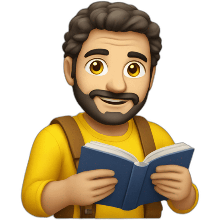 Armenian men with the yellow clothes reading book and looking at camera and smiling  emoji