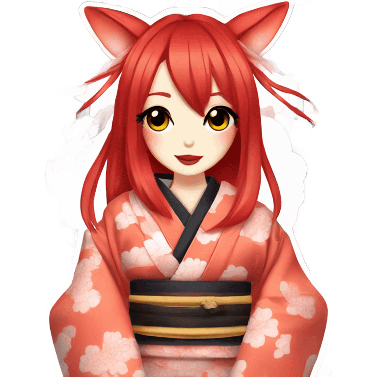 hime gyaru girl, kimono, red hair, kitsune mask emoji