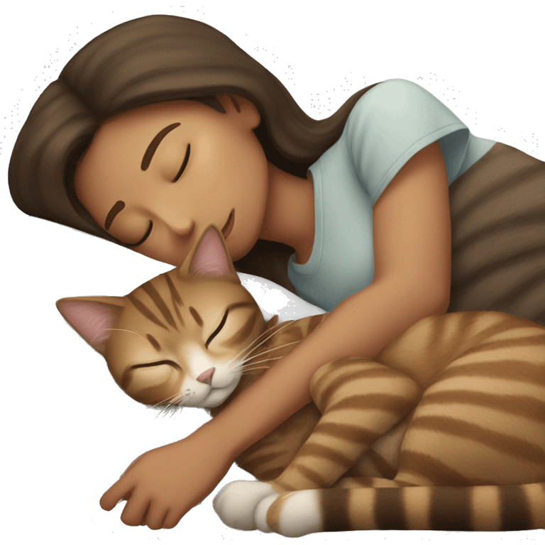 Brunette girl sleeping with a brown tabby cat emoji