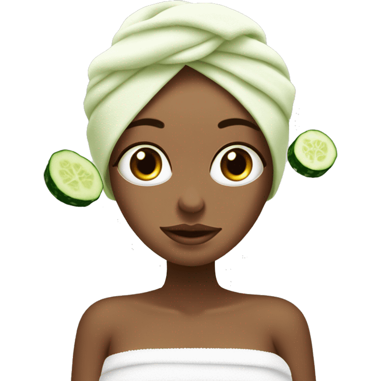 White girl in towel in her hair and slices of cucumber on her eyes, spa emoji