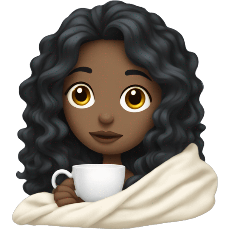 Pale Girl with wavy black hair cozy in a white blanket seeping tea  emoji