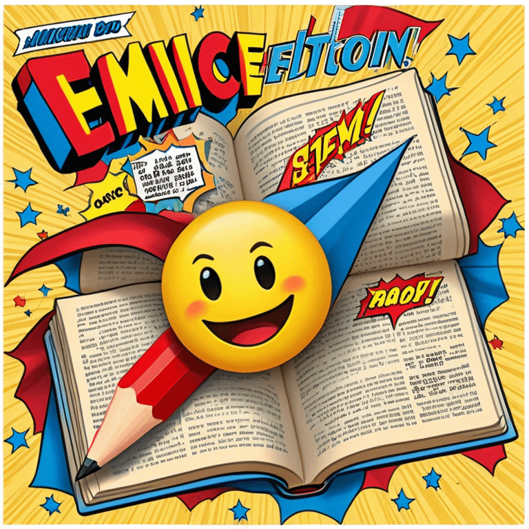 Create a vibrant emoji, representing comic books and graphic novels as an art form. The design should feature a large, opened comic book with vintage comic panels on the pages. Include a pencil (without a hand), writing text or sketching on the pages. The comic panels should have bold lines and retro-style artwork with classic comic book visuals. Use bright, energetic colors like red, yellow, and blue to evoke excitement and creativity. The overall design should feel dynamic, vintage, and artistic. Make the background transparent. emoji