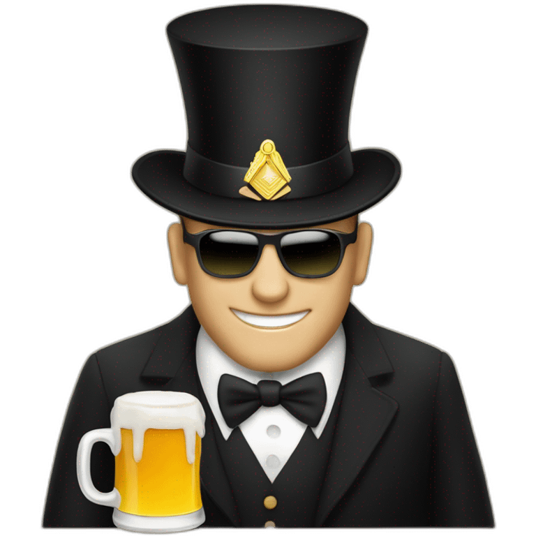 man in black Masonic, black top hat, white tie, with a mug of beer emoji