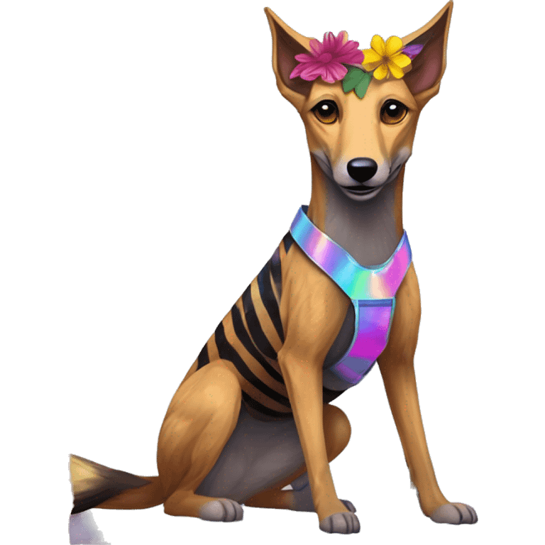  brindle brown black maroon striped lurcher Alsatian fox running blue eyes and iridescent holographic oilslick harness wearing paper iridescent tropical flower crown yellow caution tape emoji