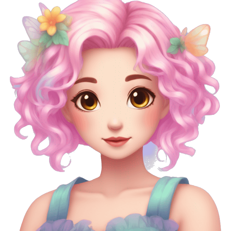 Gorgeous Beautiful Blushing Petite Colorful-Shiny-Pastel-Fairy-Soarkle-Anime-Lady with beautiful gradient pastel hair aesthetic emoji