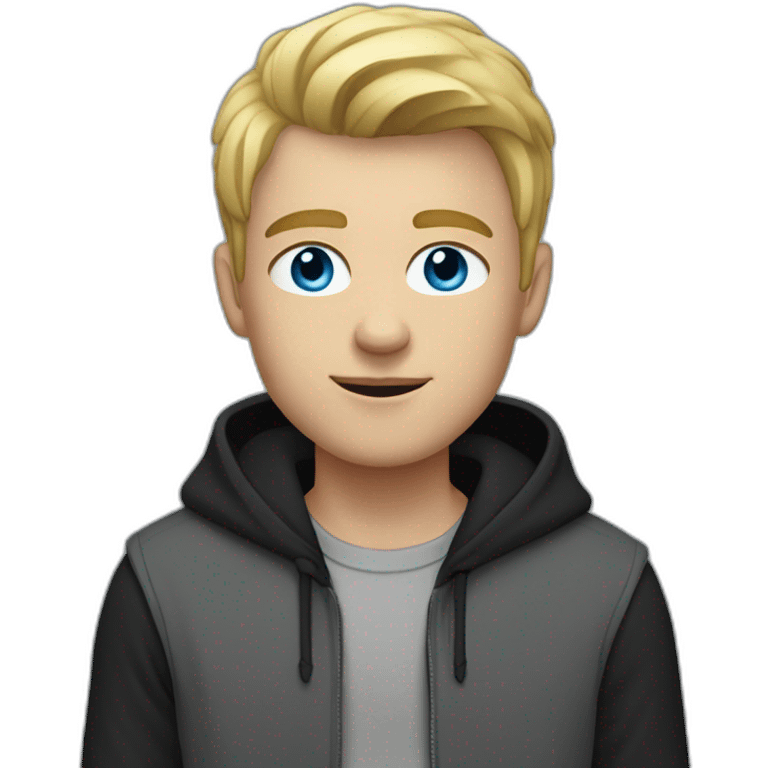 young blond man with gray-blue eyes dressed in a gray hoodie and black vest emoji