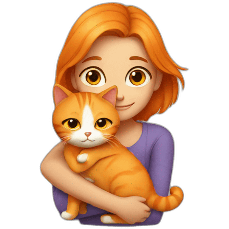 Girl with center parting hugs orange cat emoji