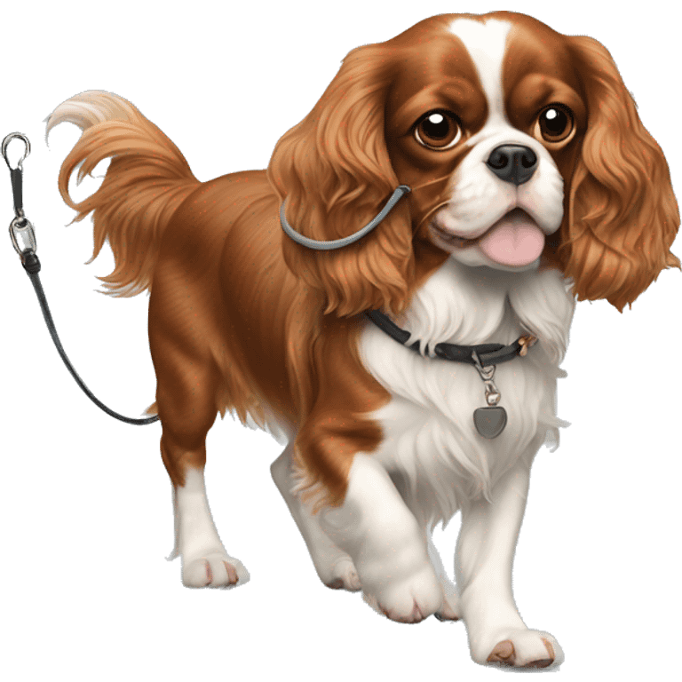 King Charles spaniel walking a pig on a leash emoji